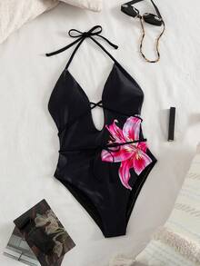 Maiô elegante de tricô com decote halter e amarração nas costas, estampado, perfeito para férias na praia e no verão. - Preto - Ver 1