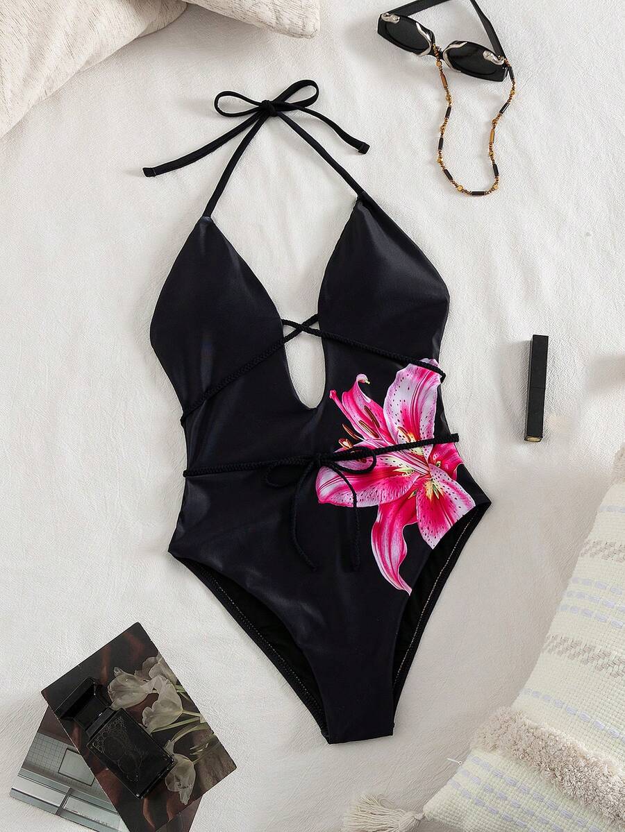 Maiô elegante de tricô com decote halter e amarração nas costas, estampado, perfeito para férias na praia e no verão. - Preto - Ver 1