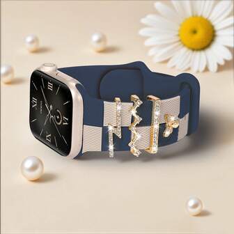 5件套午夜蓝格纹硅胶表带，配金色闪亮蜜蜂吊坠装饰铆钉，尺寸可选38mm、40mm、41mm、42mm、44mm、45mm、46mm、49mm，适用于运动表带，兼容 Ultra 2 SE 10 9 8 7 6 5 4 3 2 1