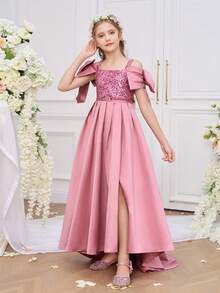 Tween Girls Spaghetti Strap Sequin Bow Satin Elegant Hosting School Party Trailing Princess Dress, Suitable For Birthday Party, Prom, Does Not Include Headband - Dusty Pink - View 6