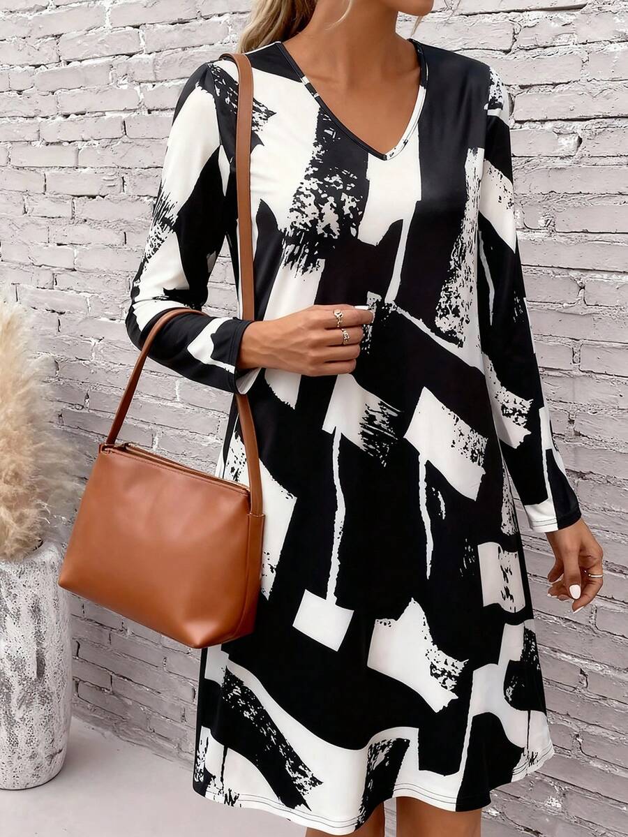Damen V-Ausschnitt Chic Geometrisches Muster Langarm Kleid für den Frühherbst, ideal für Lässig & Büro - Schwarz - Übersicht 1