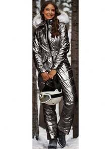 Fisoew Women's Winter Coats With Fur Collar, Thermal Snowsuit Ski Jacket Set Windproof Waterproof Warm Jumpsuit Snowboard Pants - Z-như-hình-ảnh - Xem 4