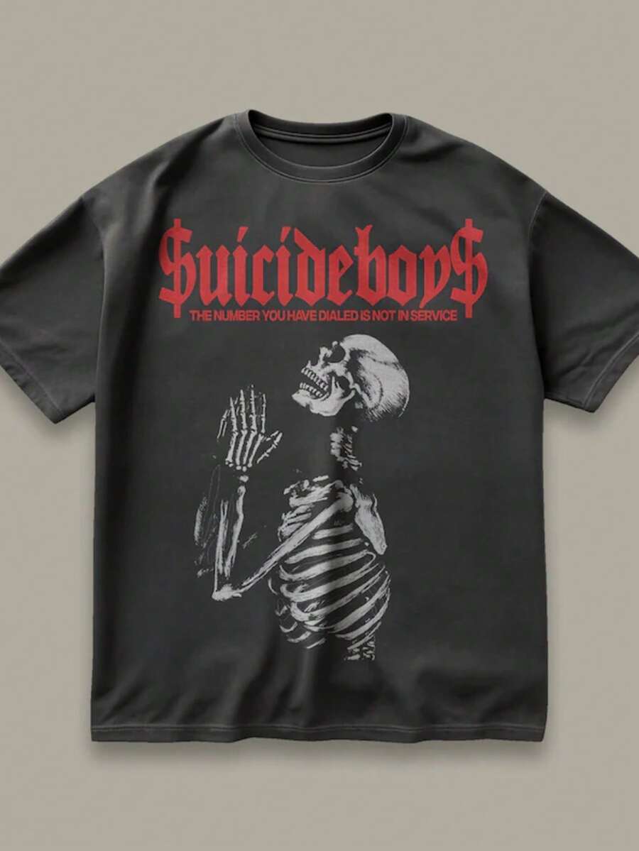 SUICIDEBOY SHIRT, Suicideboy, Casual Cotton Round Neck Short Sleeve T-Shirt For Women With Bold Skeleton Graphic Print And Regular Hem - Black - View 1