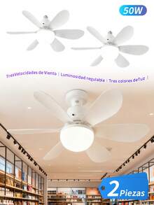 2 piezas Ventilador de techo con luz y control remoto, Ventilador de techo atornillable con toma de luz, ventilador de techo con luz LED, ventilador de techo con luz con mando a distancia, , sala de estar, 6 aspas, 3 velocidades, temporizador, para dormitorio, cocina, salón, hogar - Blanco (2 piezas) - Ver 2