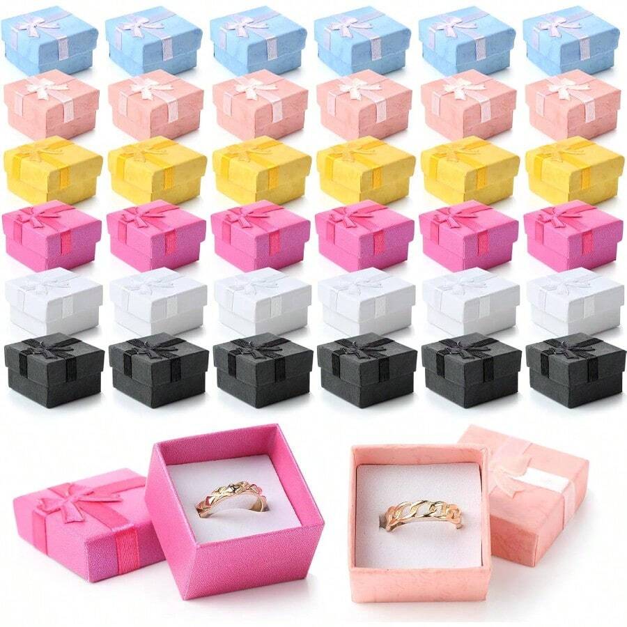 WSXC 72 Pcs Ring Boxes 1.6 X 1.6 In Hard Cardboard Jewelry Box With Ribbon Bow Small Jewelry Gift Cases For Small Business Bright Color - BrightColor - View 1