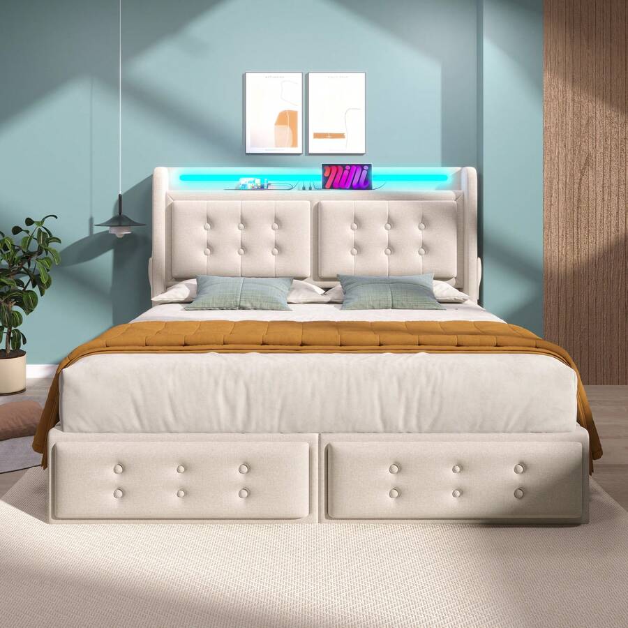 Upholstered Bed 160x200, Double Bed With LED Headboard And USB C Charging Function And 4 Drawers, Storage Bed With Slatted Base Made Of Wood And Metal Frame, Load Capacity 300 Kg, Beige, Cotton (Without Mattress) - Beige - View 1