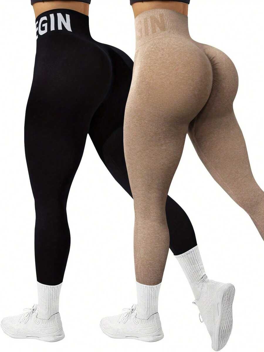2 Pieces Of Women's Sports Yoga Pants, Basic Solid Color Seamless High Waist, Hip Lifting Elastic, Breathable Sports Leggings, Suitable For Gym, Yoga, Fitness And Daily Exercise - 黑色卡其 - 查看 1
