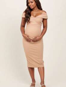 Maternity Solid Color Elegant Modest Casual Knit V-Neck Dress, Suitable For Evening Dates In Spring And Autumn - Apricot - View 8