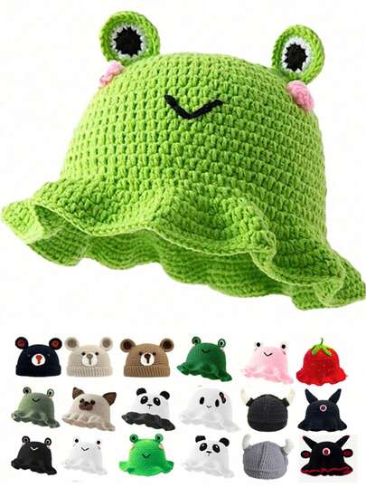1pc Handmade Crochet Animal Ear Design Brimmed Hat, Cute Ruffle Bucket Hat For Women Leisure, Hip-Hop Cosplay, Suitable For Daily Use