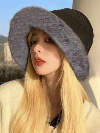 1pc Vintage Women Fluffy Bucket Hat, New Warm Knitted Cap, Essential For Autumn/Winter Travel, Versatile Bucket Hat,
