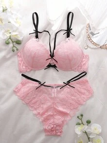 2 Piece Women's Lace Heart Bow Decor Fashion Lingerie Set Lace Bra Set Matching Lingerie Set Panties And Bra Set Pink Lace Lingerie Set Comfortable And Elegant Details - 粉色 - 查看 1