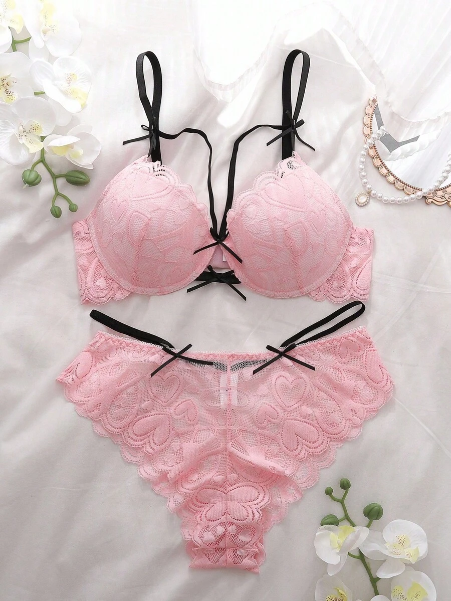 2 Piece Women's Lace Heart Bow Decor Fashion Lingerie Set Lace Bra Set Matching Lingerie Set Panties And Bra Set Pink Lace Lingerie Set Comfortable And Elegant Details - 粉色 - 查看 1