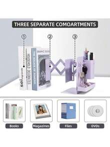 A Set Of Sturdy, Durable,,Desk Accesorries,Office Decor,útiles,Local Warehouse Items Escolares, Multifunctional Retractable Bookends With Pen Holder Hooks And Storage Boxes, 6-Piece Folding Space-Saving Desktop Storage Rack, Thick Partition Metal Book Storage Rack - 紫色 - 查看 4