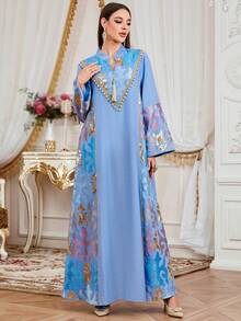 Women's Eid Mubarak New Embroidered Patchwork Gold Tassel Tie V-Neck Long Sleeve Robe With Pendant, Fashion Wedding Gown For Eid Al-Fitr And Eid Al-Adha Spring - Blue - View 2