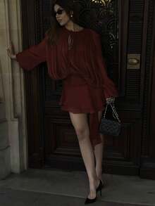Women's Ruffle Mini Dress Long Lantern Sleeve Tie-Up Front Solid Color Pleated Dress Short Flowy Dress - Màu Đỏ Sâu - Xem 3