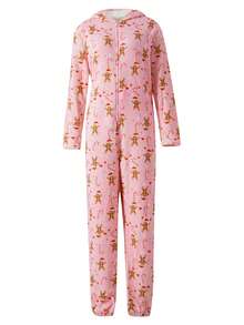 Women Christmas Gingerbread Man Fleece Pajama Nightwear Cute Cartoon Pattern Long Sleeve Hooded Plush Jumpsuit Pjs Lightweight Fuzzy Warm Romper Loungewear With Zipper For Fall Winter Xmas Sleepwears Loose Soft Nightwear - Hồng - Xem 5
