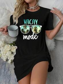 Vacay Mode Cute Vacation Summer Cruise Getaway T-Shirt Dress Women's Dress, Casual Summer Dress - 黑色 - 查看 1