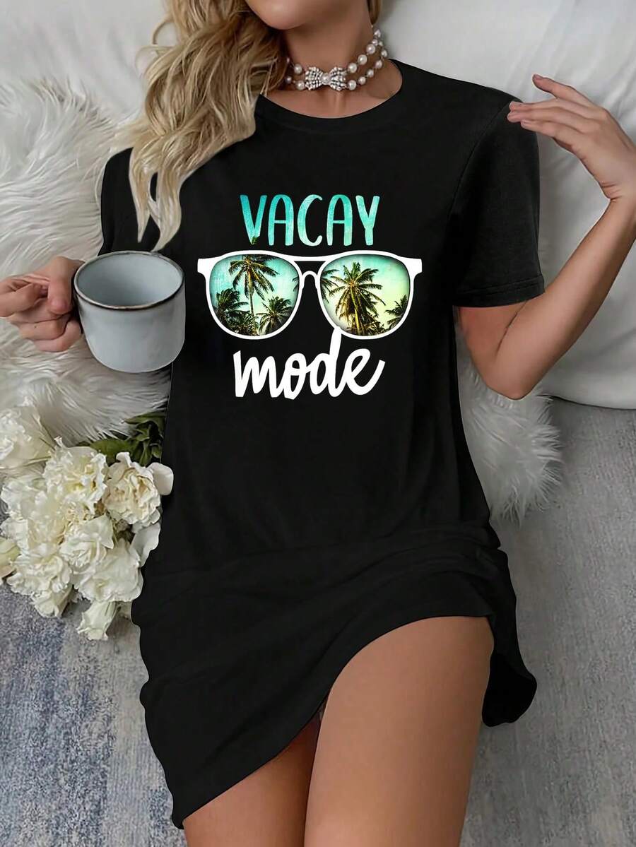 Vacay Mode Cute Vacation Summer Cruise Getaway T-Shirt Dress Women's Dress, Casual Summer Dress - 黑色 - 查看 1