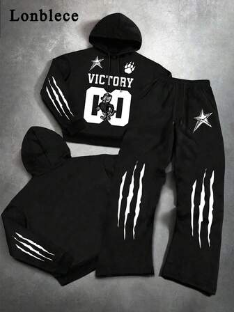 Lonblece Set 2 buc American Streetwear cu hanorac cu imprimeu de tigru și hanorac sport casual lejer cu imprimeu de gheare