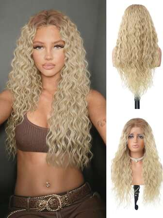 卡其色深波浪蕾丝前假发，米色长卷发，13*4蕾丝前合成假发，自然发际线，蓬松卷曲合成蕾丝前假发，耐热纤维，日常佩戴，24英寸
