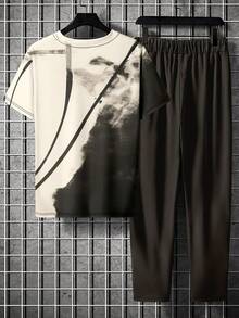 男士风景印花短袖T恤和长裤套装 - 彩色 - 查看 2