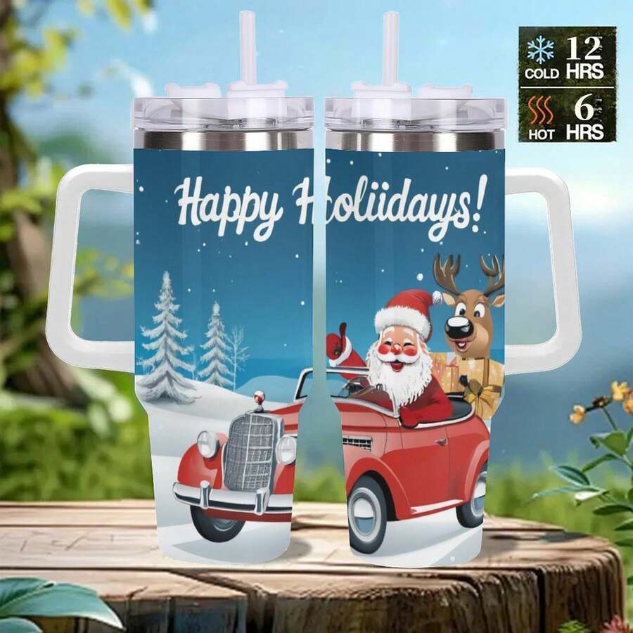 40oz Santa Claus In Red Car With Tumbler - Double Wall Vacuum Insulated Travel Mug With Spill-Proof Lid | Christmas Essential Gift For Dad, Mom & Loved Ones | Festive Holiday Drinkware For Hot Cocoa, Coffee, Tea & Cold Beverages | Perfect For Christmas Morning, Family Gatherings & Holiday Gift Exchanges - 白色 - 查看 1