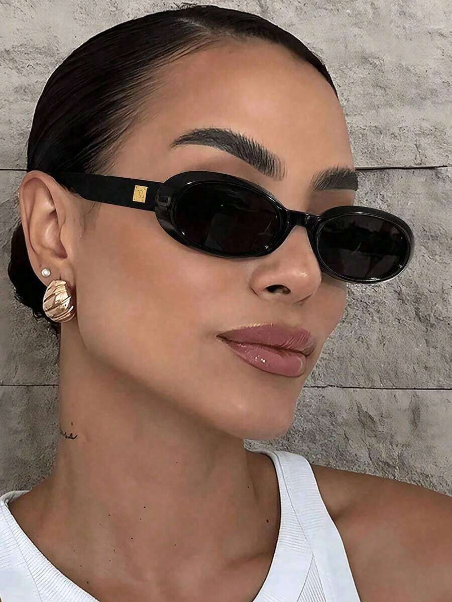 1pc New Small Frame Oval Fashion Glasses, Retro Street Style Versatile Personalized Glasses For Women For Summer Beach Vacation, Outdoor, Travel Plain Casual PC None - 黑色 - 查看 1