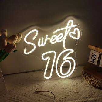 1pc Sweet 16 Neon Sign LED Decorative Light, Warm/White Light, USB Powered, Suitable For Birthday Decoration, Room, Party, Restaurant, Living Room, Bedroom, Cute Birthday Gift