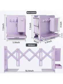 A Set Of Sturdy, Durable,,Desk Accesorries,Office Decor,útiles,Local Warehouse Items Escolares, Multifunctional Retractable Bookends With Pen Holder Hooks And Storage Boxes, 6-Piece Folding Space-Saving Desktop Storage Rack, Thick Partition Metal Book Storage Rack - 紫色 - 查看 2