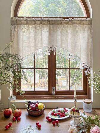 1 pièce, Rideau court en faux lin beige style bohème avec garniture en dentelle blanche à pendentif en forme d'étoile, design incurvé unique pour petites fenêtres, cuisine, bibliothèque de jardin, chaumière, rideau de porte