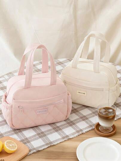 1pc Large Capacity Lightweight Insulated Lunch Bag, Multi-Layer & Dual Side Pocket Design, Perfect For Ice Packs, Diamond Quilted Craftsmanship, Distinctive Compact Thermal Lunch Bag, Suitable For Students And Teachers