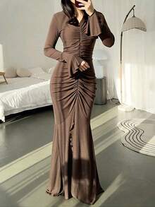 Robe longue pour femmes PoPoHouse, automne/hiver, tempérament élégant, design slim, sensation sensuelle, jupe enveloppante - Tabac - Voir 4