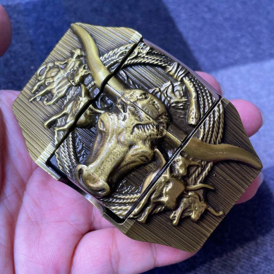 Western Longhorn Bull Belt Buckle With Detachable Lighter - Antique Bronze Cowboy Buckle - Novelty Lighter - Unisex Streetwear Gift - bull head - 查看 1