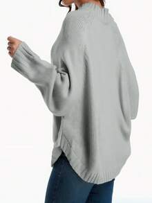 Plus Size Casual Solid Color Batwing Sleeve Pullover Sweater, Autumn/Winter - Ash - View 2