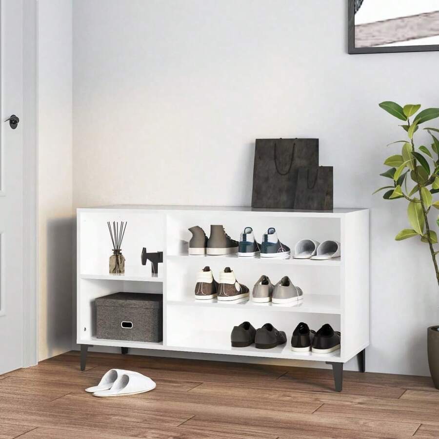 Zapatero vidaXL, blanco brillante, 102x36x60 cm, madera de ingeniería. - Marrón - Ver 1
