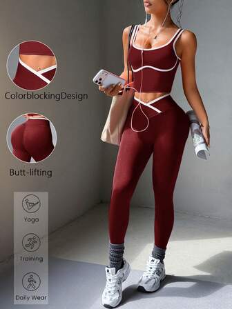 Aoqta Sports 女士两件套休闲撞色露肩吊带上衣和交叉高腰修身裤瑜伽运动套装，适合运动跑步、瑜伽和普拉提。