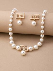 一套女士首饰套装，新款法式仿珍珠耳环，精致项链，优雅百搭，独特多元素奢华套装 - 首飾套裝 - 查看 3