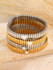 1条简约不锈钢心形星形弹力手链，经典腕链，适合女性日常佩戴及节日礼物 - 手鐲 - 查看 1