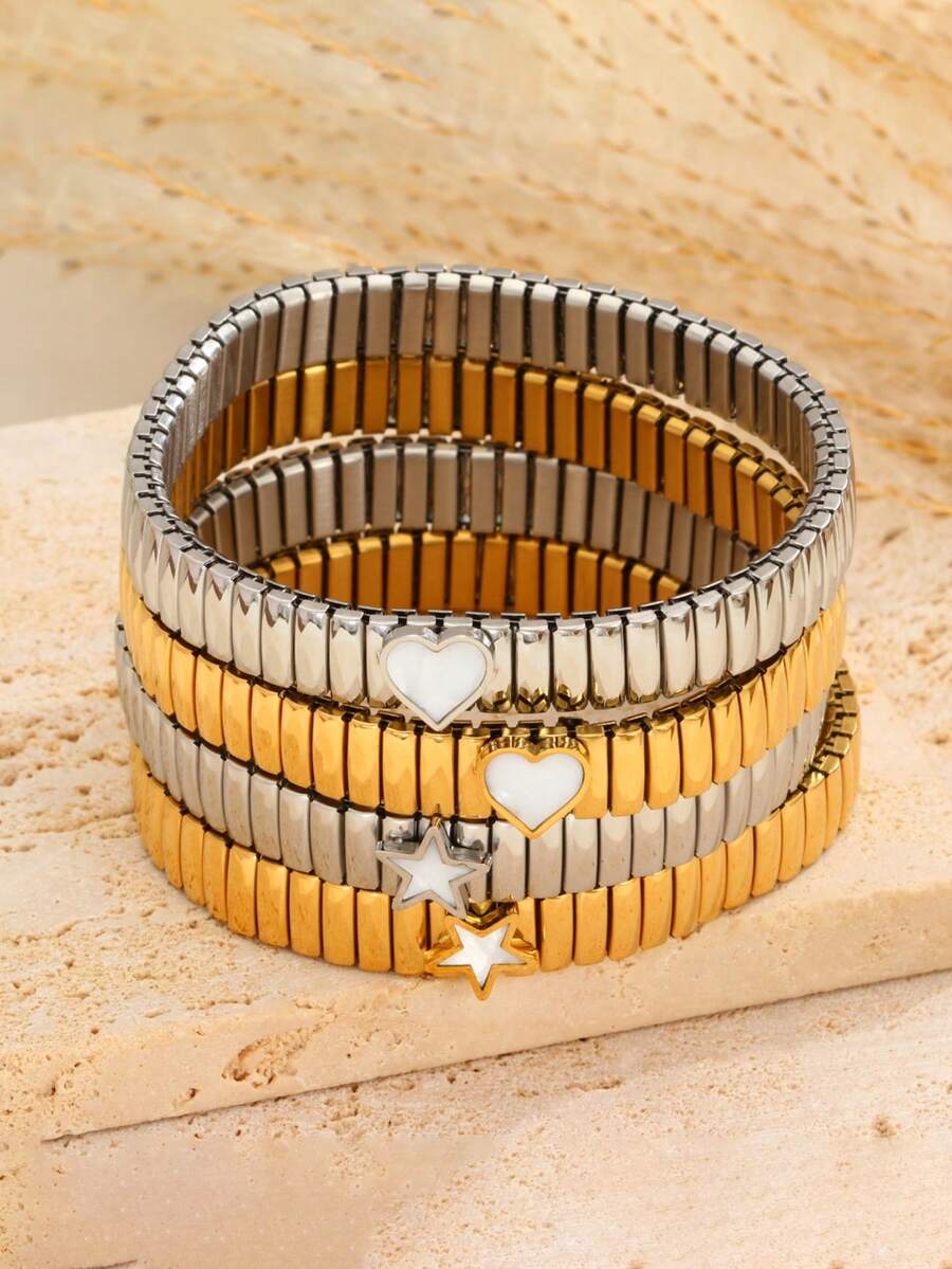 1条简约不锈钢心形星形弹力手链，经典腕链，适合女性日常佩戴及节日礼物 - 手鐲 - 查看 1