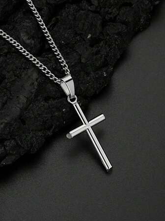 1件不锈钢复古法式银色十字架吊坠项链，男女通用
