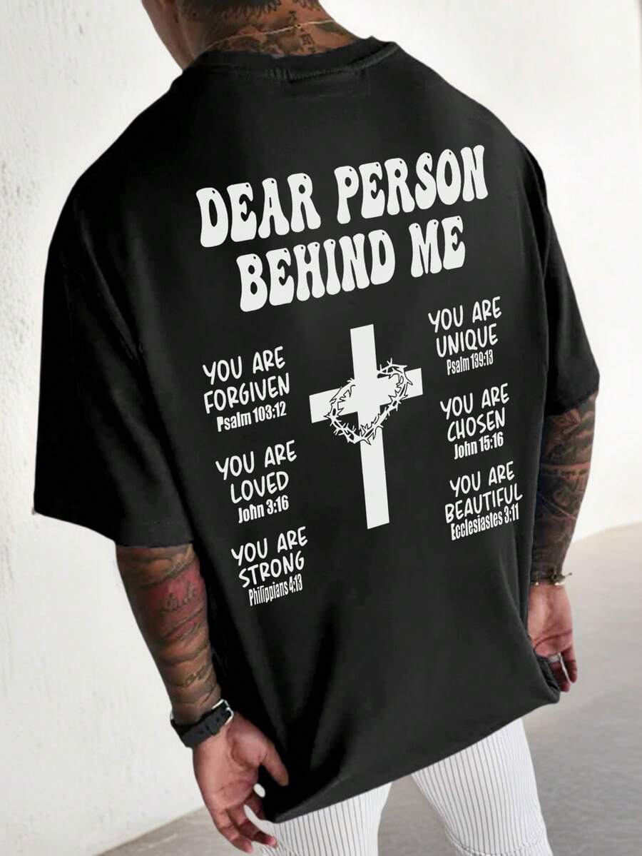 K-GLORY 男士休闲百搭简约英文标语十字印花短袖T恤 - 黑色 - 查看 1