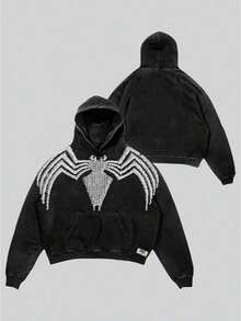Men's Oversized Hoodie Vintage Distressed Pullover  High-Street Casual Sweatshirt Fall Winter Essential - Symbiote Charcoal Black and White Spider [J25] - View 1