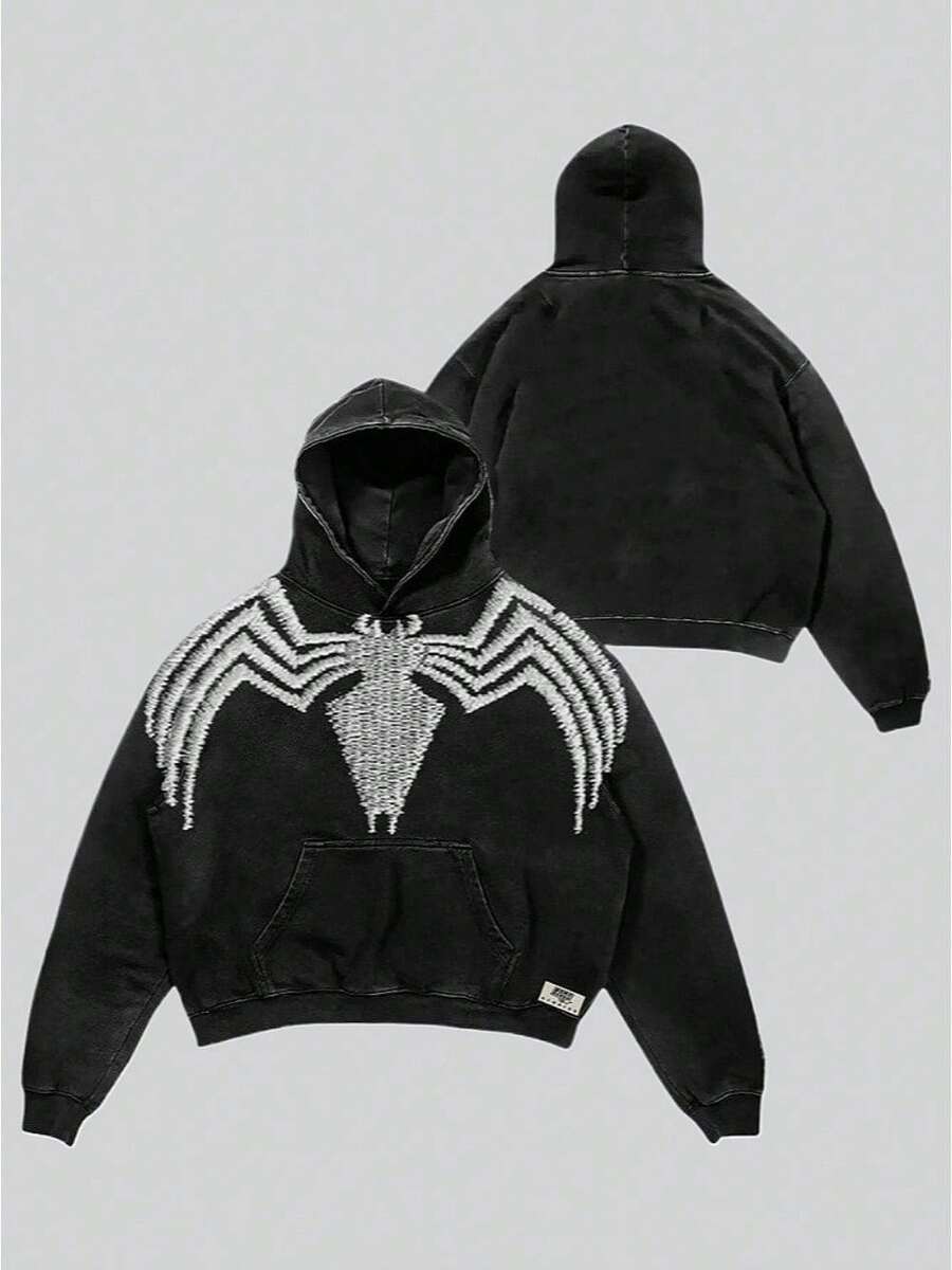Men's Oversized Hoodie Vintage Distressed Pullover  High-Street Casual Sweatshirt Fall Winter Essential - Symbiote Charcoal Black and White Spider [J25] - View 1