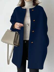 Manteau mi-long grande taille, fermeture à boutons devant, col rond, manches longues, manteau tricoté de couleur unie, best-seller automne/hiver printemps - Bleu marine - Voir 1