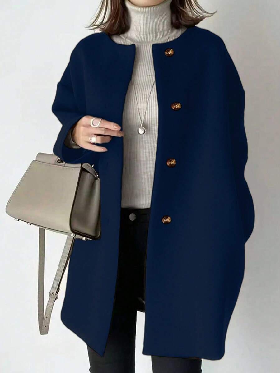 Manteau mi-long grande taille, fermeture à boutons devant, col rond, manches longues, manteau tricoté de couleur unie, best-seller automne/hiver printemps - Bleu marine - Voir 1
