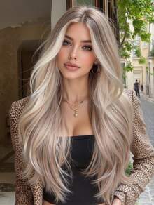 28 Inch Long Curly Wig Middle Parted Light Gold And Brown Colored Synthetic Wigs For Party Music Festival For Daily Life And Christmas - Màu dương cầm - Xem 1