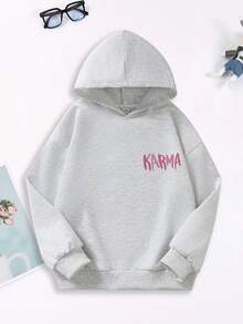 1 st svart tröja med "KARMA"-tryck för tonårsflickor, mjuk och bekväm, för vardagsbruk - Grå - Visa 3