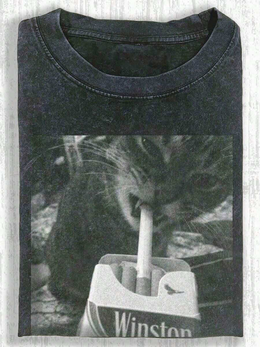 Cat Smoking Winston Cigarette Graphic Vintage Washed Short - Sleeved T - Shirt, Casual Loose Round Neck Pure Cotton Top For Summer - 黑色 - 查看 1