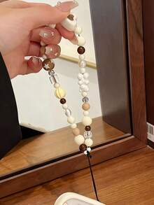 1 Piece Brown Coffee Beaded White Bear Heart Phone Lanyard, Phone Case Chain, Ccd Camera Keychain, Bag Pendant, Creative, Simple And Versatile - Multicolor - View 2