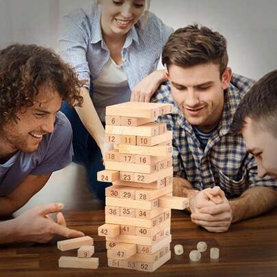 Juegos de Mesa de 60piezas Bloques de Madera, Juguetes De Torre de Madera de Pino con Dados, Juguetes de Equilibrio y Apilamiento para 2 o Ms Jugadores, para Fiestas y Educativo